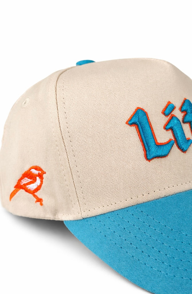 Beige and blue cap with orange bird design and 'Life' text on a white background